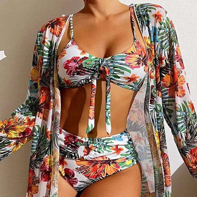 Three Piece Bikini Set with Floral Pattern - Sí Fashions