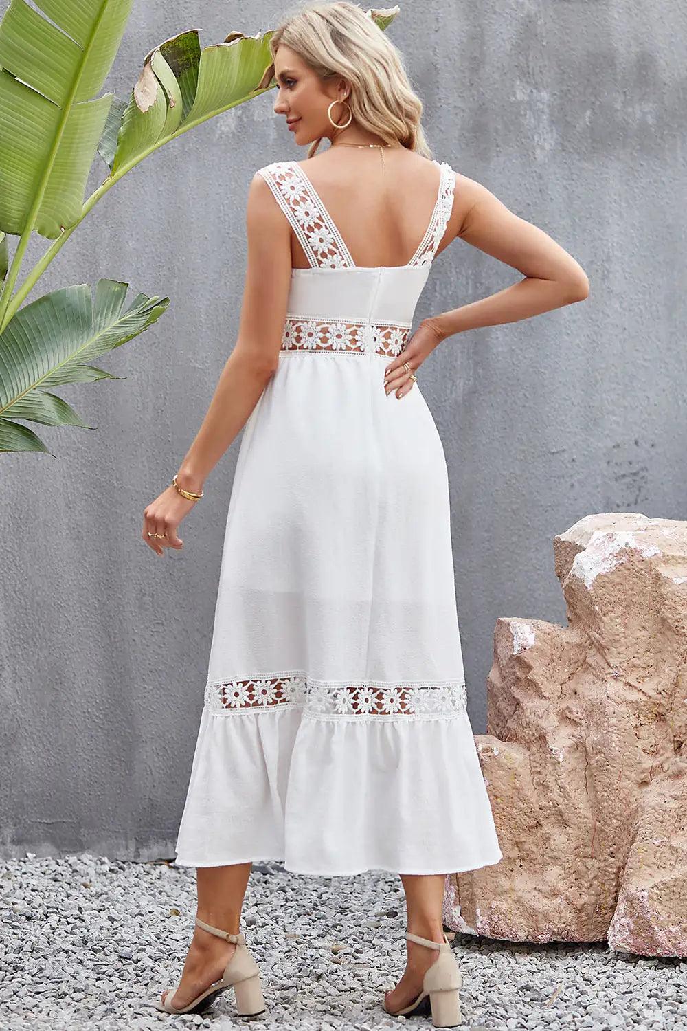 Elegant Spliced Lace Square Neck Midi Dress - Sí Fashions