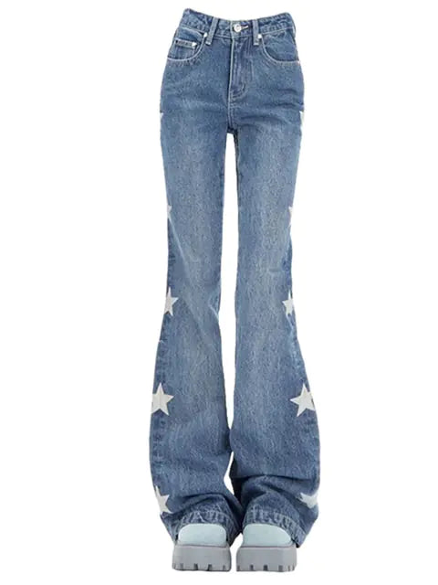 Women Y2K Vintage Korean Blue Streetwear Retro Star Aesthetic Straight Jeans