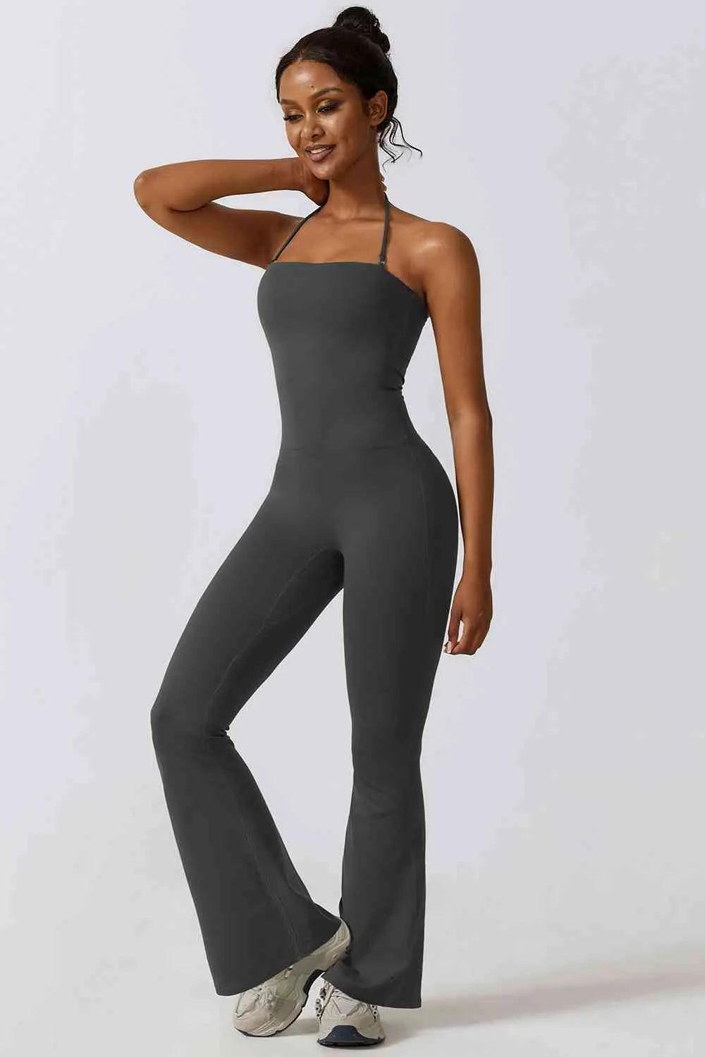 Halter Neck Flare Sport Jumpsuit - Sí Fashions