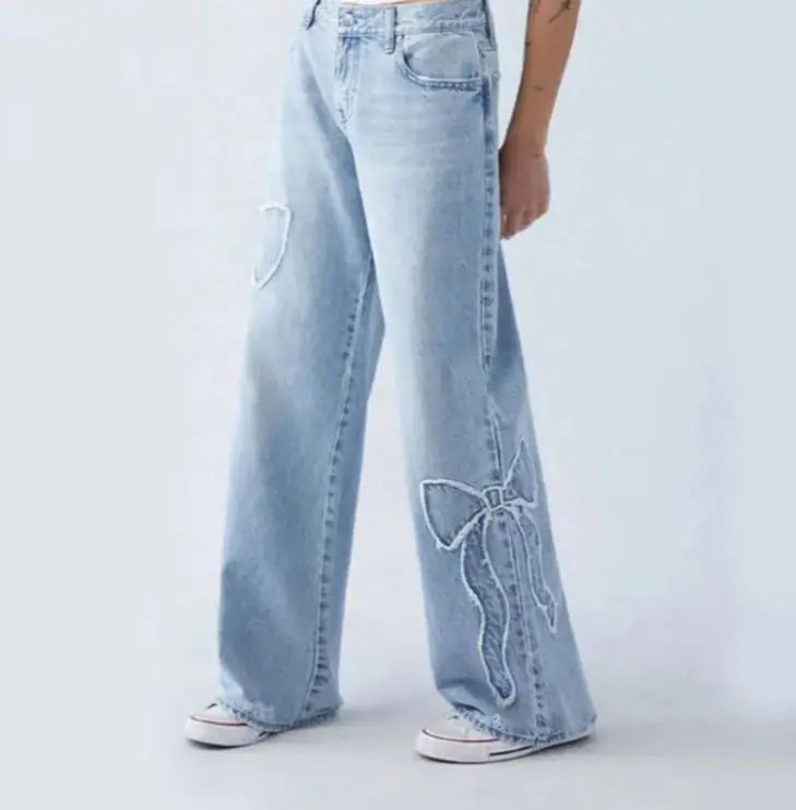 Women's Straight Trousers Embroidered Side Frayed Butterfly Jeans Street Design Baggy Pants