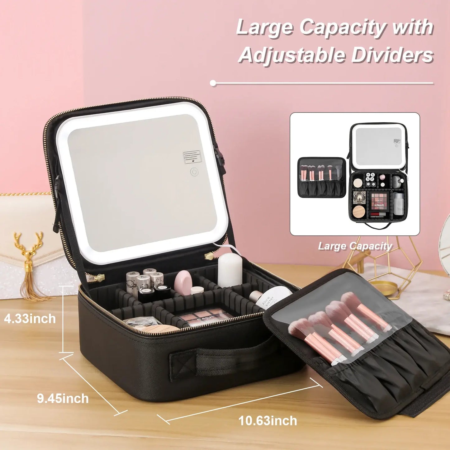 Travel Makeup Bag with LED Lighted Mirror