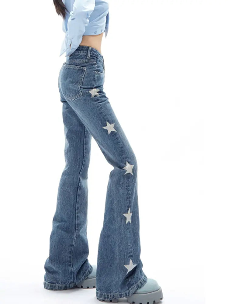 Women Y2K Vintage Korean Blue Streetwear Retro Star Aesthetic Straight Jeans