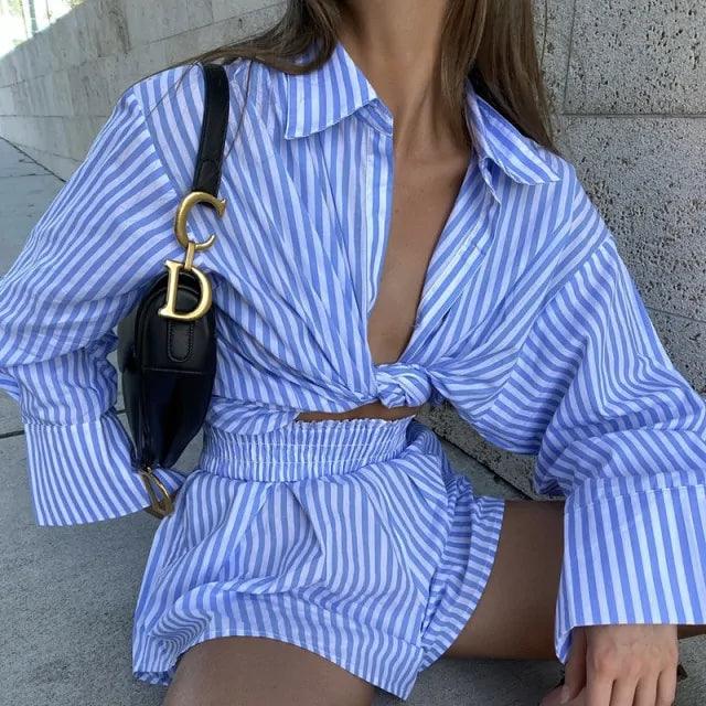 Striped Blouse Shirts and Shorts Matching Set - Sí Fashions