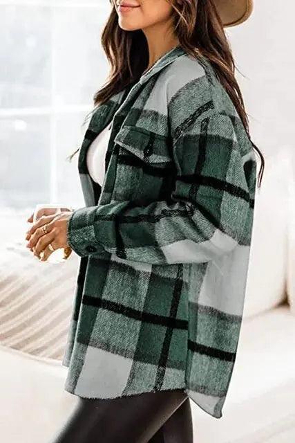 Women Flannel Casual Plaid Button Down Long Sleeve Woolen Jacket - Sí Fashions