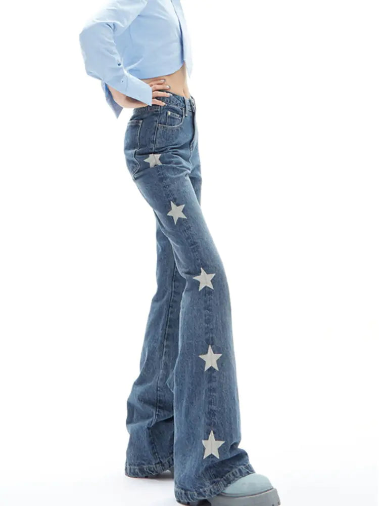 Women Y2K Vintage Korean Blue Streetwear Retro Star Aesthetic Straight Jeans