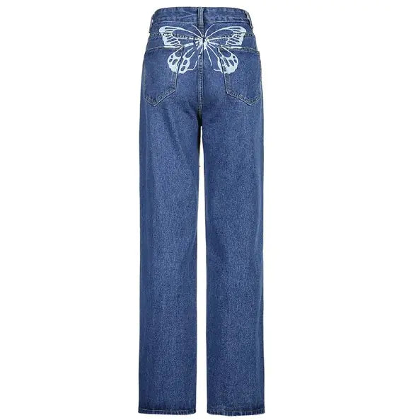 Women's High-Waisted Jeans with Butterfly Print – Trendy and Elegant Denim