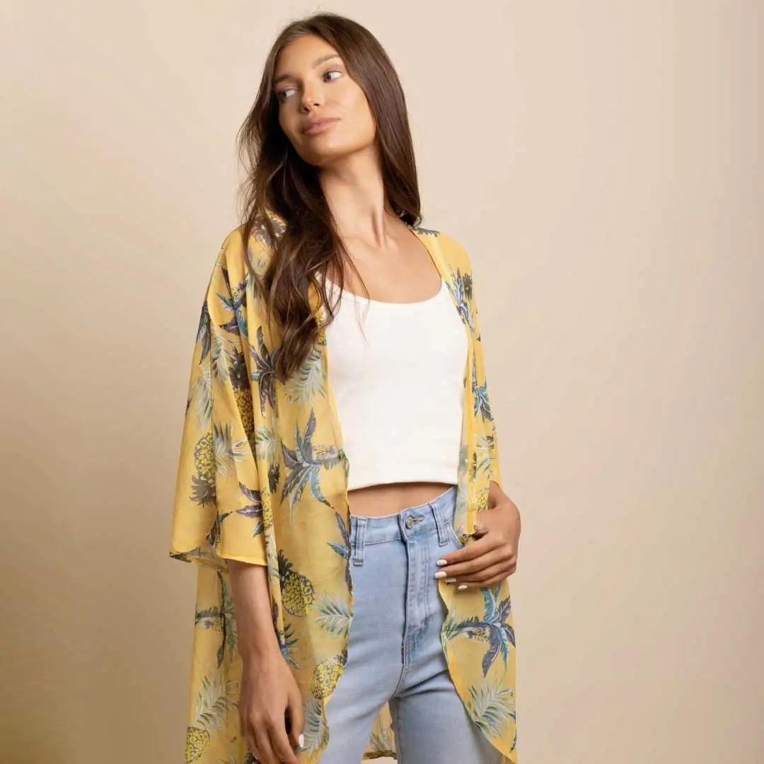 Tropical Pineapple Print Chiffon Kimono Blouse - Sizes S-3XL - Sí Fashions