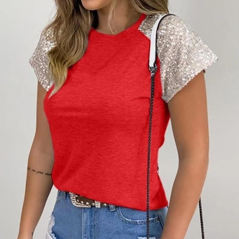 Sequined O-Neck Short Sleeve Slim Summer Blouse - Sí Fashions