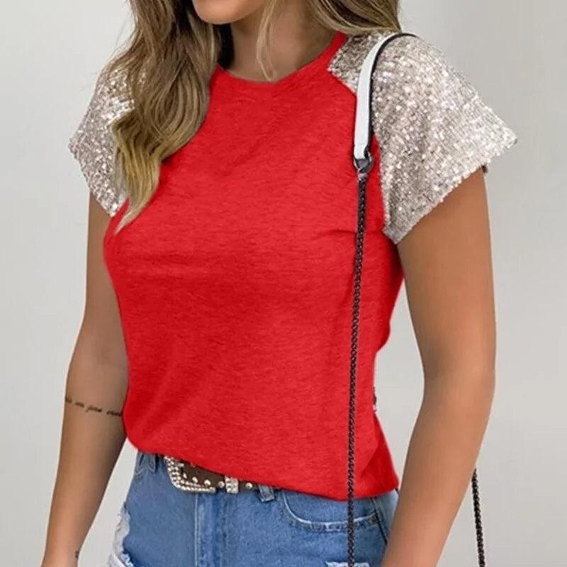 Sequined O-Neck Short Sleeve Slim Summer Blouse - Sí Fashions