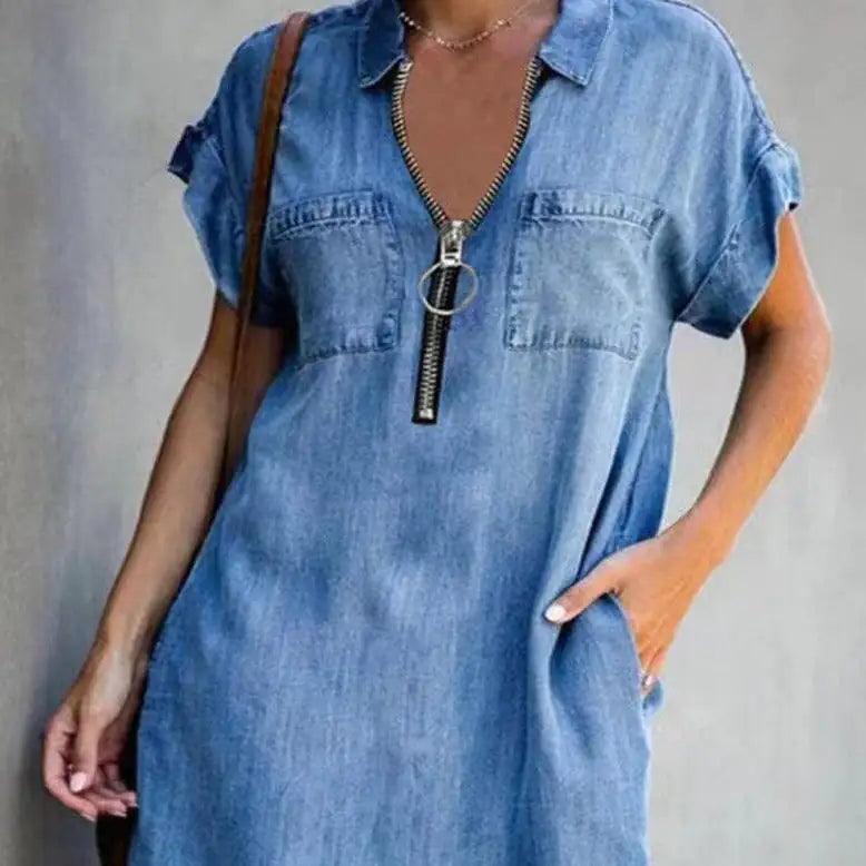 Denim Dress With Zip Closure - Sí Fashions