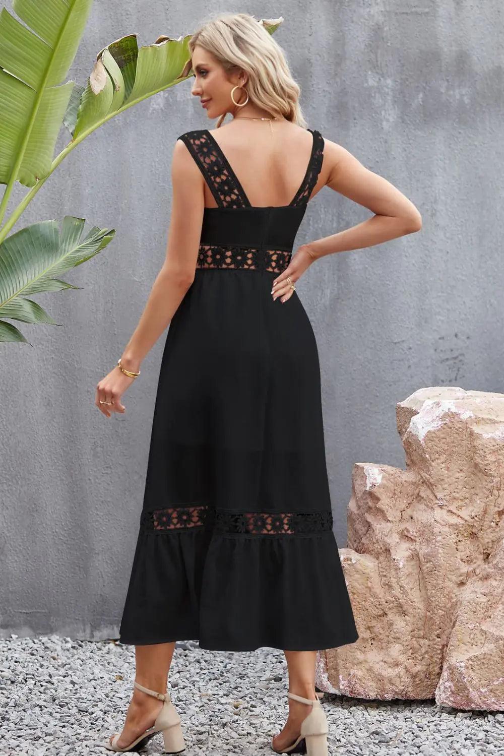 Elegant Spliced Lace Square Neck Midi Dress - Sí Fashions