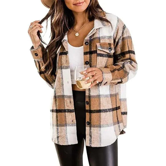 Women Flannel Casual Plaid Button Down Long Sleeve Woolen Jacket - Sí Fashions